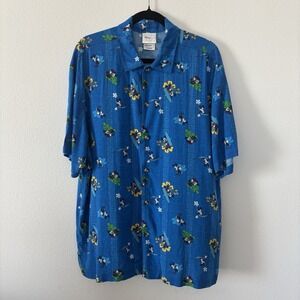 Disney Mickey Mouse Hawaiian Shirt Blue Surfboard‎ Aloha Casual Button Up Mens M